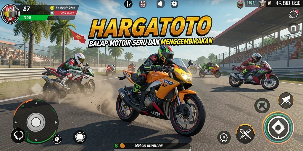 Tampilan gameplay HARGATOTO yang mendebarkan dengan balapan motor seru.