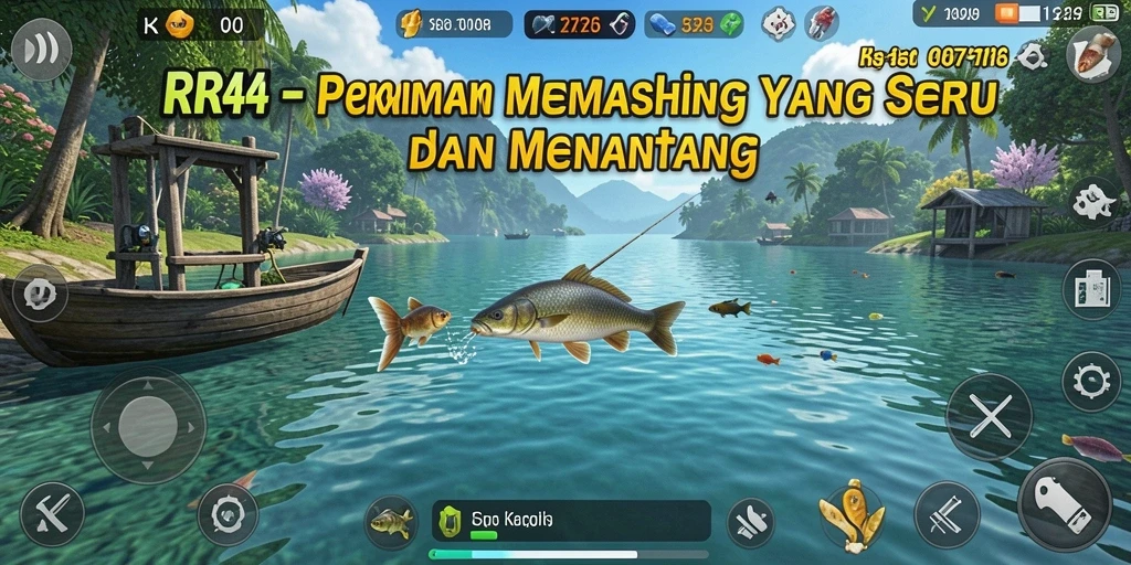 Screenshot gameplay menunjukkan aksi memancing yang menegangkan di alam terbuka.